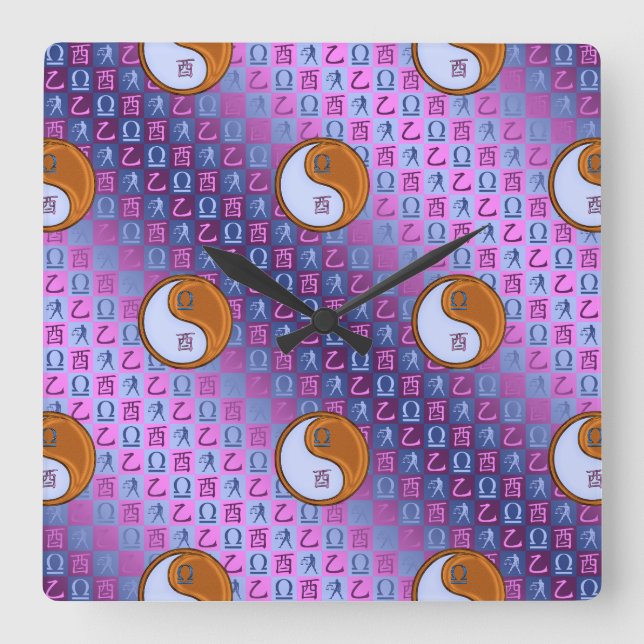 Libra & Wood Rooster Square Wall Clock (Front)