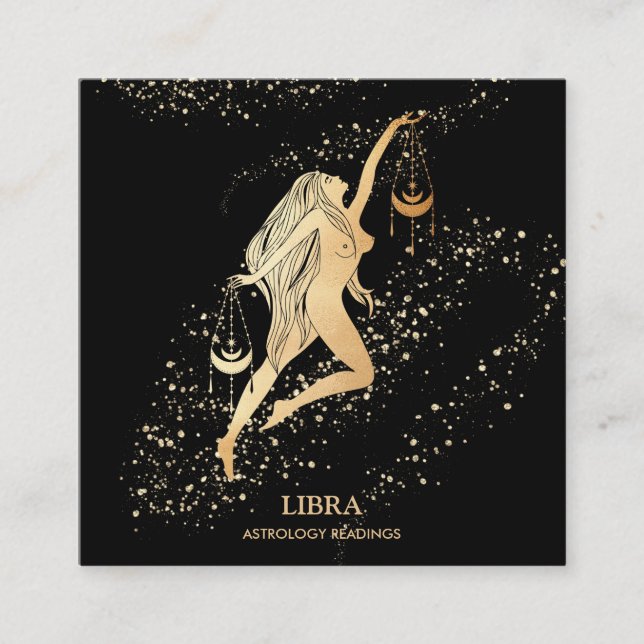 *~* LIBRA Zodiac Astrology Readings Gold &  Black Square Business Card (Front)