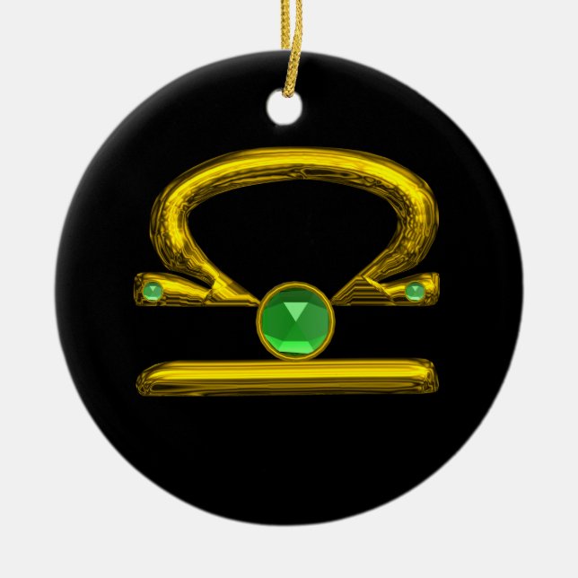LIBRA ZODIAC BIRTHDAY JEWEL GREEN EMERALD Gold Ceramic Tree Decoration (Front)