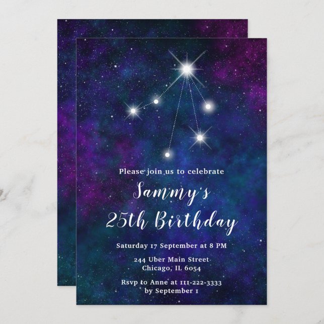 Libra Zodiac Constellation Birthday Party Invitation (Front/Back)
