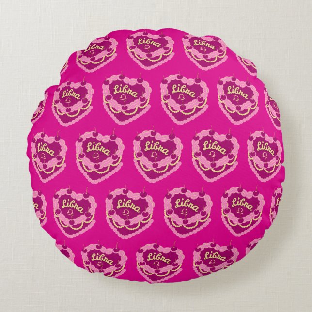 Libra Zodiac Coquette Heart Birthday Cake Round Cushion (Front)