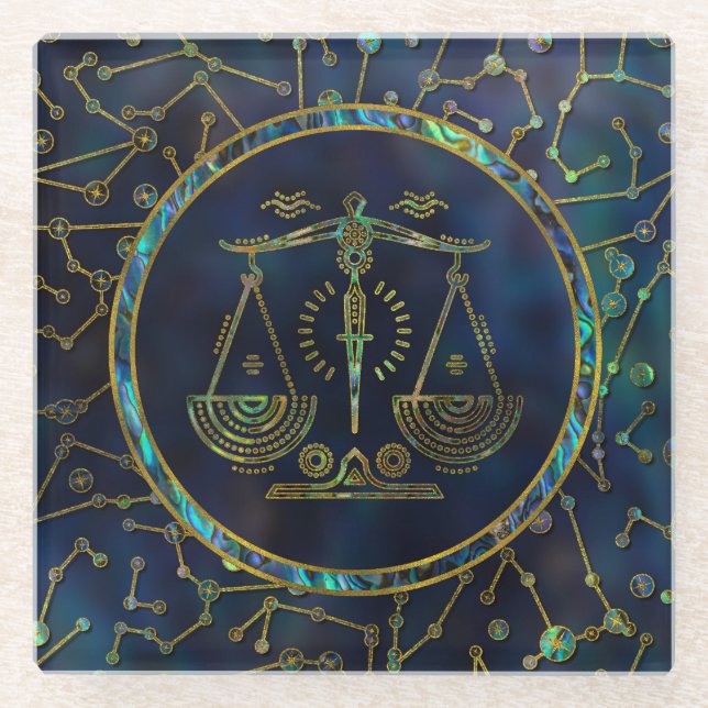 Libra Zodiac Gold Abalone on Constellation Glass Coaster (Front)