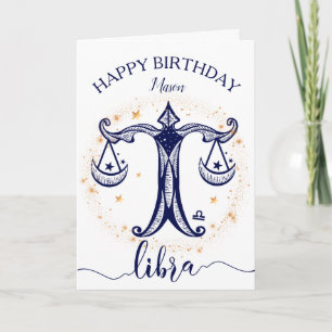 Libra Zodiac Navy & Gold Monochrome Birthday Card