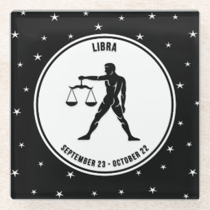 Libra Zodiac Sign, Black & White Glass Coaster