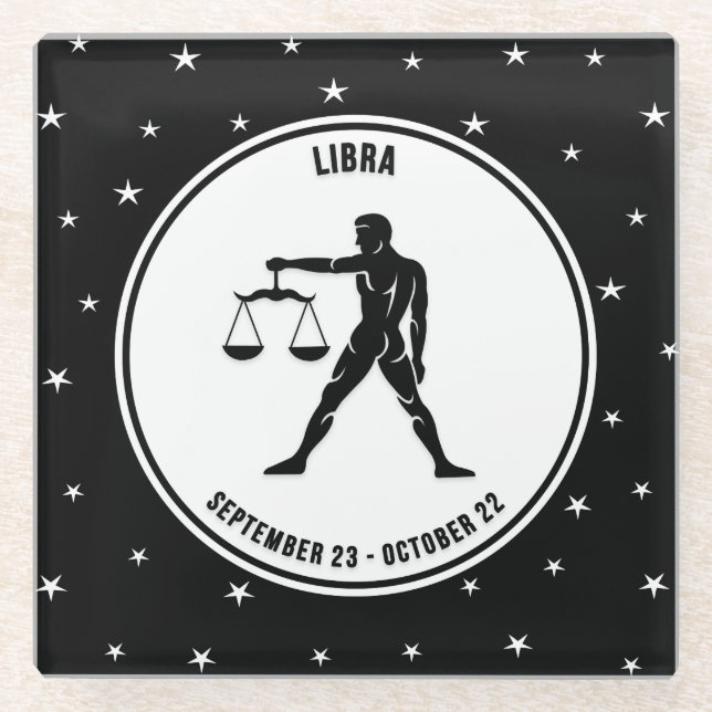 Libra Zodiac Sign, Black & White Glass Coaster (Front)