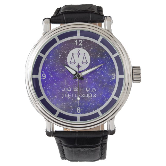 Libra Zodiac Sign Elegant Custom Name Birth Date Watch (Front)