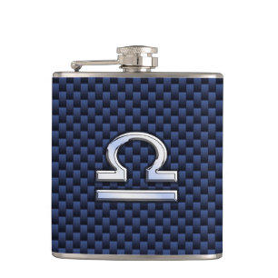 Libra Zodiac Sign on Blue Carbon Fibre Style Hip Flask