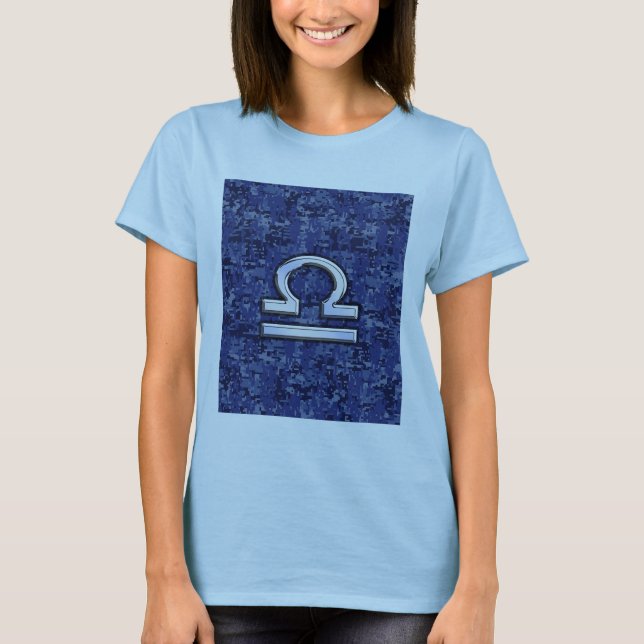 Libra Zodiac Sign on Blue Digital Camouflage T-Shirt (Front)