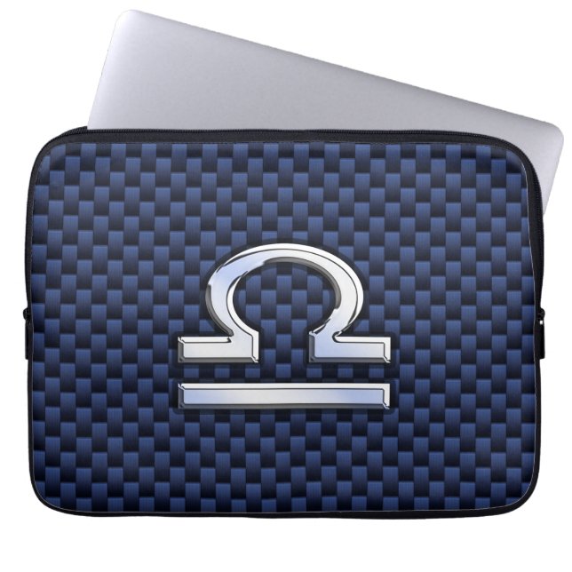 Libra Zodiac Sign on Navy Carbon Fibre Style Laptop Sleeve (Front)