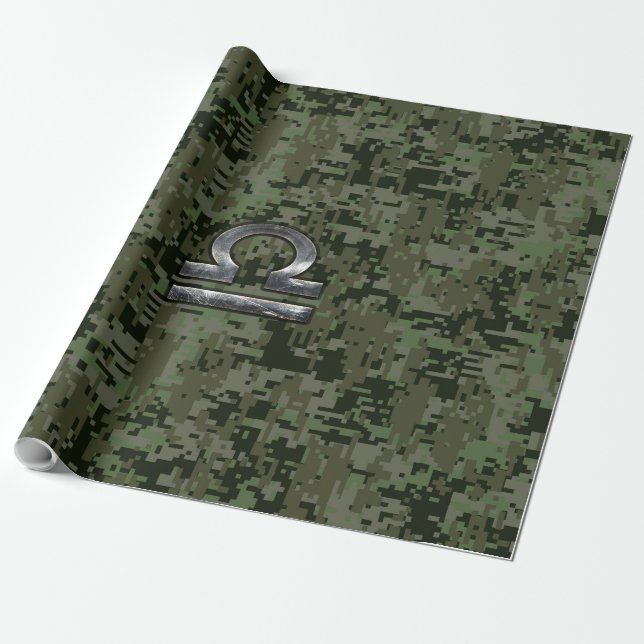 Libra Zodiac Sign on Woodland Green digital camo Wrapping Paper (Unrolled)