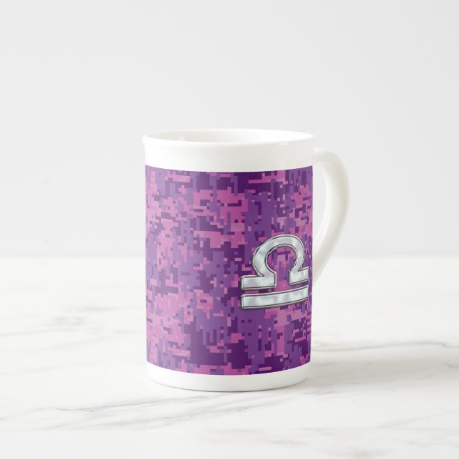 Libra Zodiac Symbol Fuchsia Pink Digital Camo Bone China Mug (Front Right)