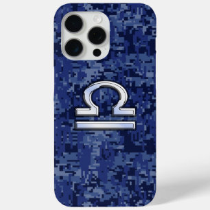 Libra Zodiac Symbol on Blue Digital Camouflage iPhone 15 Pro Max Case