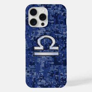 Libra Zodiac Symbol on Blue Digital Camouflage iPhone 15 Pro Max Case