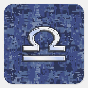 Libra Zodiac Symbol on Blue Digital Camouflage Square Sticker
