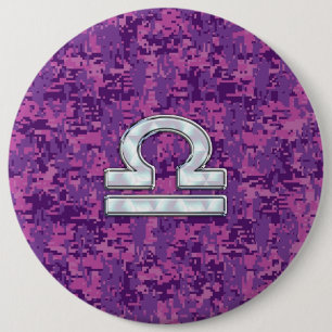 Libra Zodiac Symbol on Fuchsia Digital Camo 6 Cm Round Badge