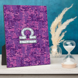 Libra Zodiac Symbol on Fuchsia Digital Camo Plaque