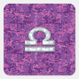 Libra Zodiac Symbol on Fuchsia Digital Camo Square Sticker