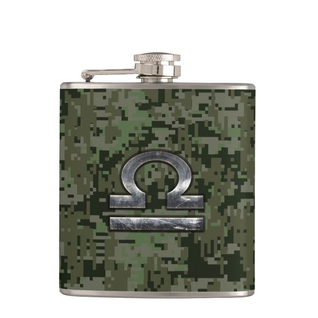 Libra Zodiac Symbol on Green Digital Camouflage Hip Flask (Front)