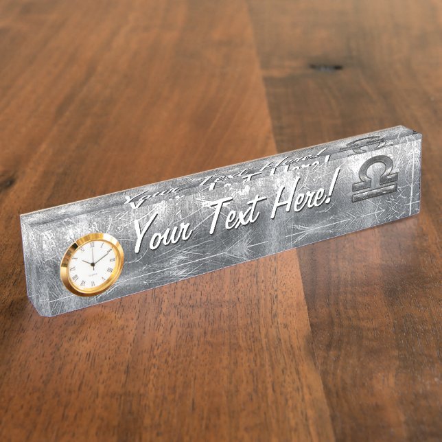 Libra Zodiac Symbol Silver Steel Style Nameplate (Side)