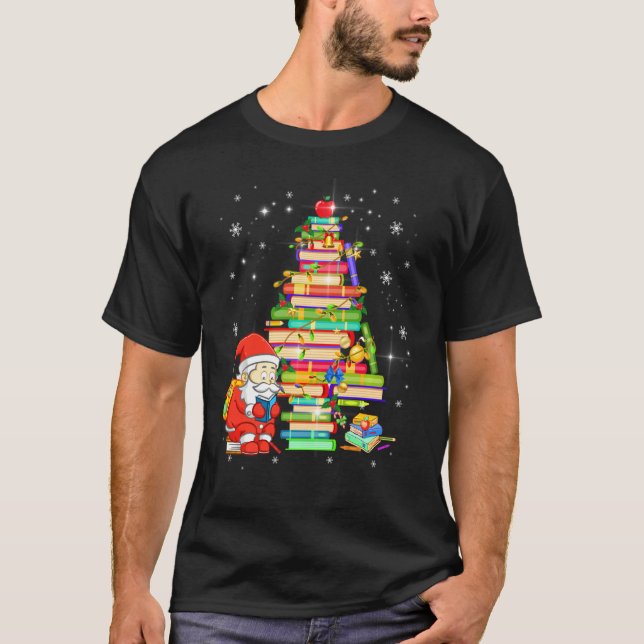 Librarian Christmas Tree Lights Reading Book Read  T-Shirt (Front)