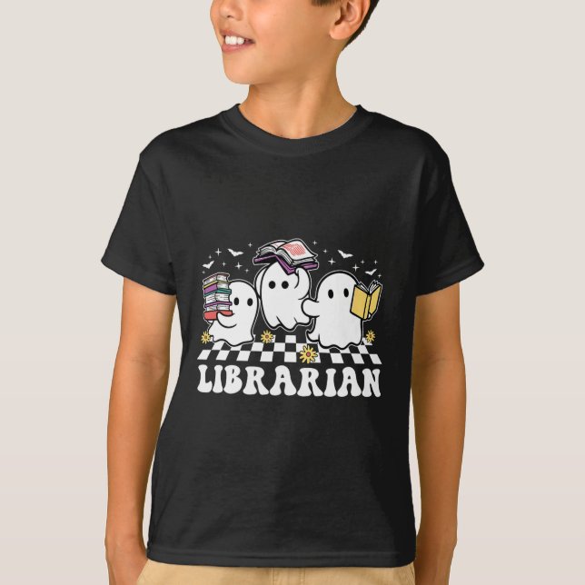 Librarian Cute Ghost Book Reading Funny Halloween  T-Shirt (Front)