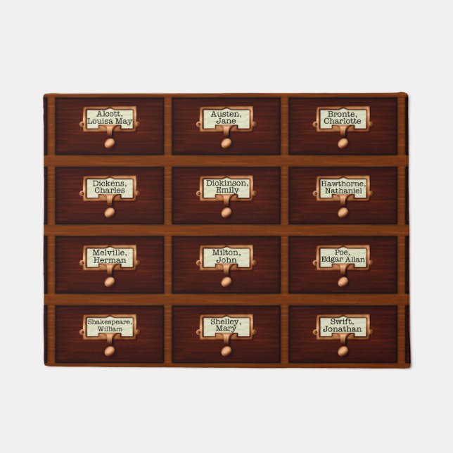 Library Books Wood Card Catalogue Drawers Reading Doormat (Front)