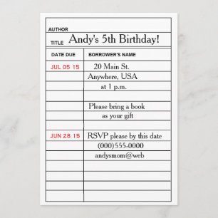 "Library Card" Birthday Party Invitations