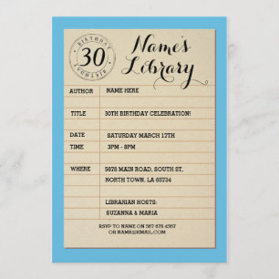 Library Card Book Birthday Party Blue Invite