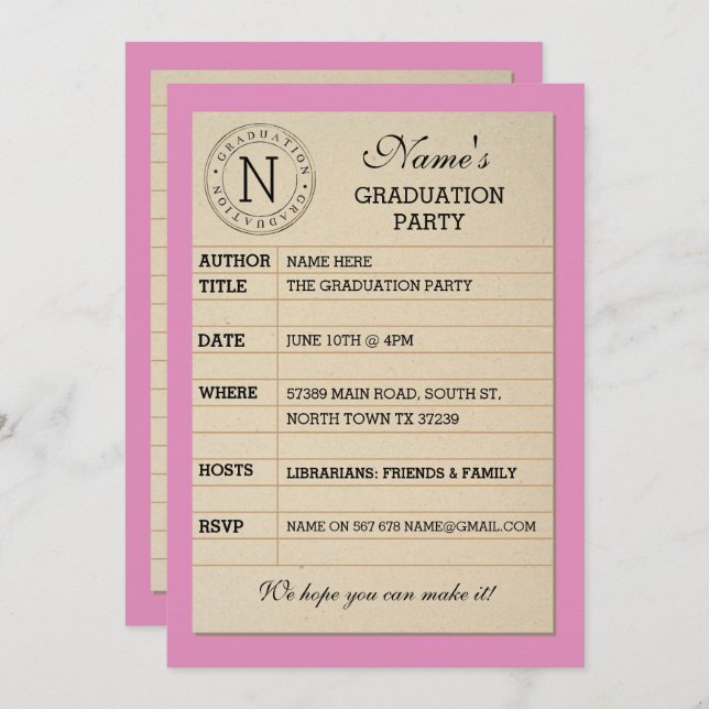 Library Card Graduation Party Pink Book Invite (Front/Back)