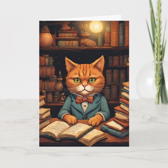 library cat #5 greeting card (Front)