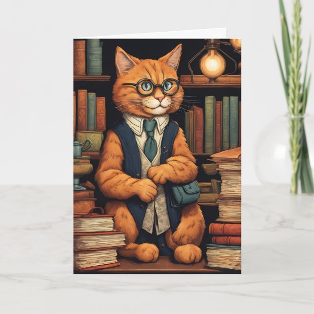 library cat #6 greeting card (Front)