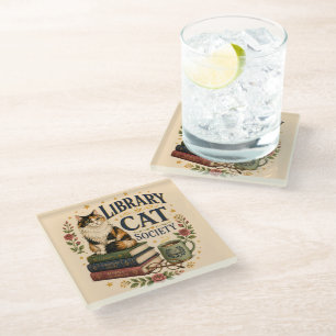 Library Cat Society Bookish Calico Glass Coaster