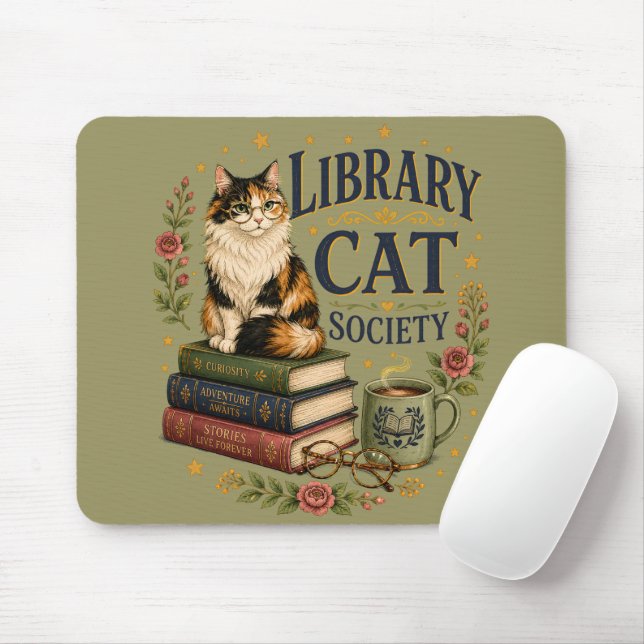 Library Cat Society Bookish Calico Mouse Pad (With Mouse)
