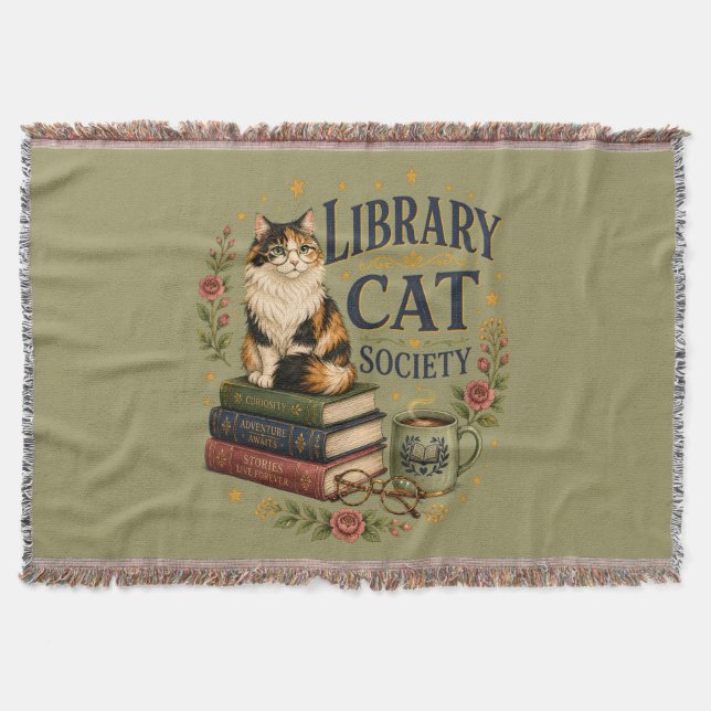Library Cat Society Bookish Calico Throw Blanket (Front)