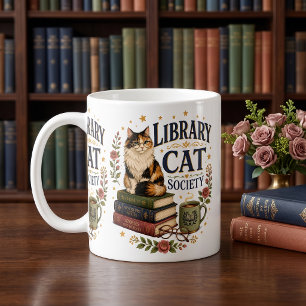 Library Cat Society Bookish Calico White Mug
