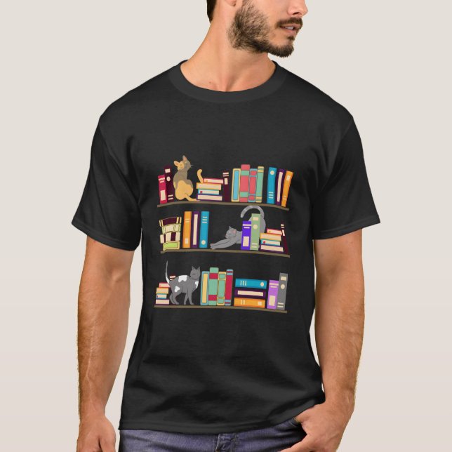 Library Cats Kittens Reader Book Pet Shelf T-Shirt (Front)