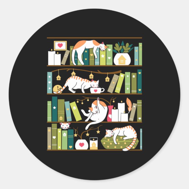 Library cats - whimsical cats on the book shelves classic round sticker (Front)