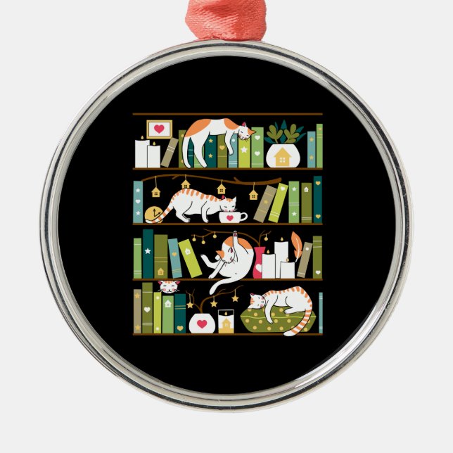 Library cats - whimsical cats on the book shelves metal tree decoration (Front)
