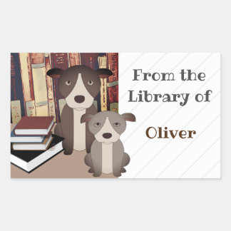 LIBRARY DOG. BOOKS. CUTE DOGS. BOOKPLATE NAME RECTANGULAR STICKER