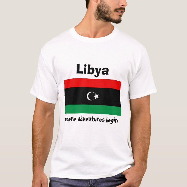 Libya Flag + Map + Text T-Shirt (Front)