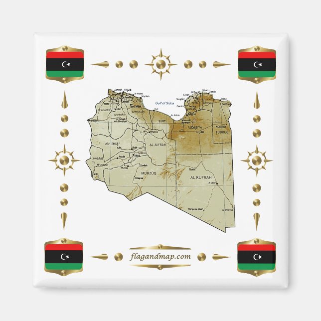 Libya Map + Flags Magnet (Front)
