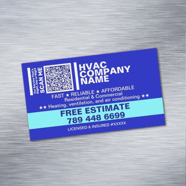 Licence & Qr Code | Blue Professional HVAC  Magnetic Business Card (best hvac business cards)