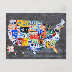 License Plate Map of the USA on Grey Wood Planks Postcard