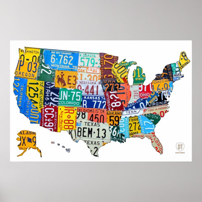 License Plate Map of the USA on White 2014 Poster (Front)