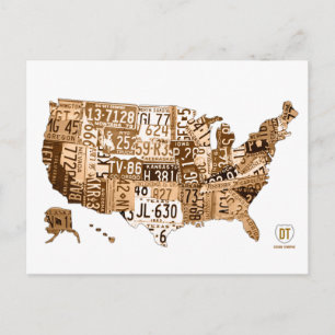 License Plate Map of the USA Sepia Postcard