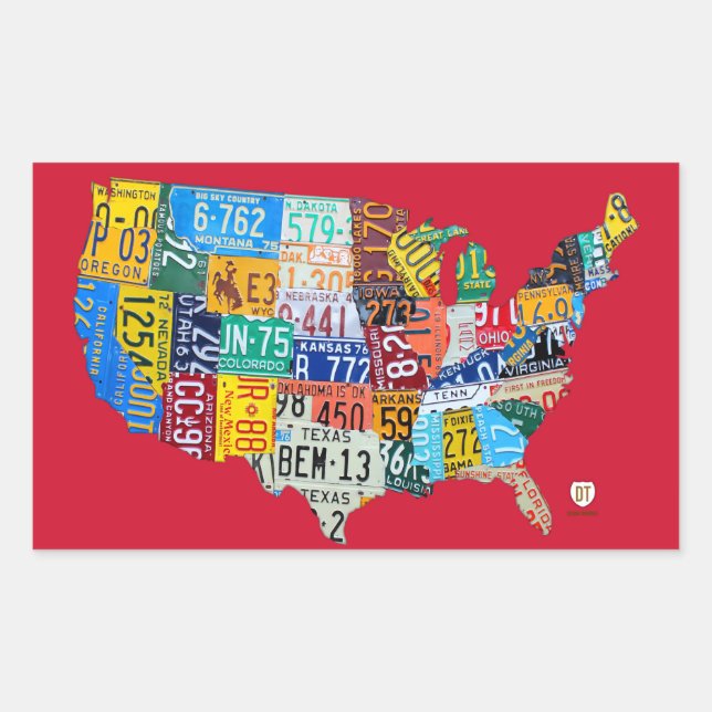License Plate Map of the USA Sticker on Bright Red (Front)