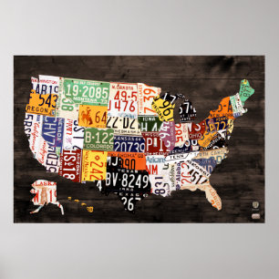 License Plate Map of The USA - Warm Colours / Poster