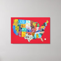 License Plate Map of the USA Wrapped Canvas 36x24