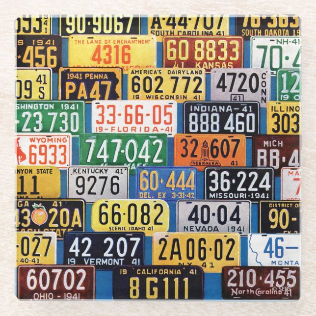License Plates by H. Wilson Smith Glass Coaster (Front)