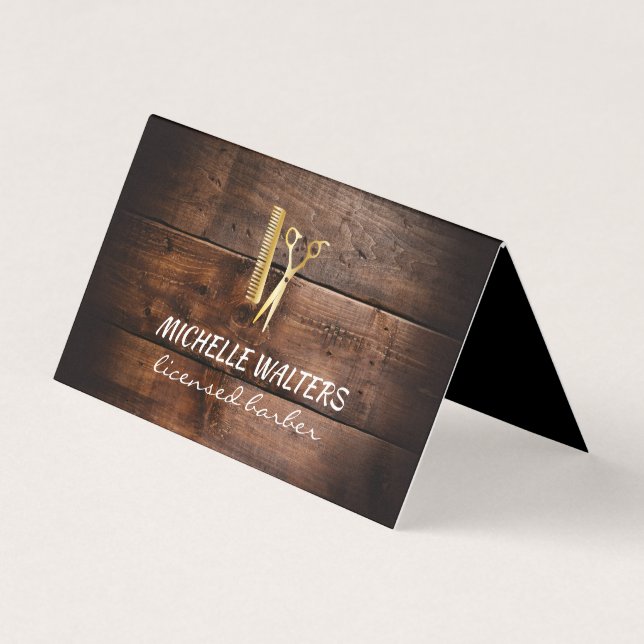 Licensed Barber Leather Gold Comb and Scissors Business Card (Front)